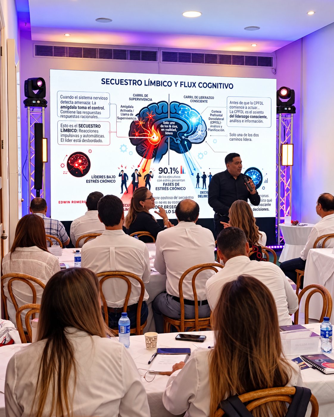 El facilitador presentando sobre liderazgo y estrés ante un grupo sentado, con una pantalla led de fondo