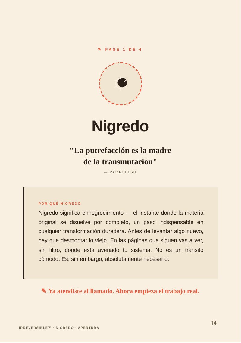 Página del libro IRREVERSIBLE que abre la primera fase, Nigredo, con la cita «La putrefacción es la madre de la transmutación»