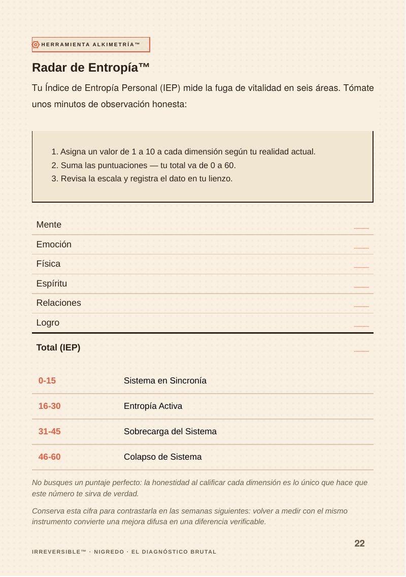 Página del libro IRREVERSIBLE con la herramienta Radar de Entropía: seis áreas calificadas de 1 a 10